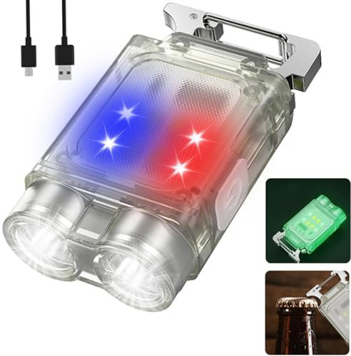POCKETMAN Superhelle Mini 2 LED Schlüsselanhänger Taschenlampe,mit Rot und Blau Seitenlicht,6 Modes,USB-C wiederaufladbar,Magnetbasis,Fluoreszenz Keychain Light für Outdoor,Notfall,Camping,Wandern