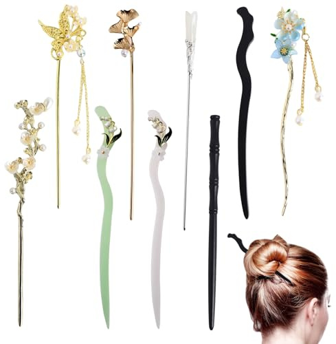HLTOO 9PCS Vintage Hair Sticks, Chinese Hair Chopsticks for Women, Decorative Retro Hair Pins with Pearl and Metal Pendants, for Women and Girls Hair Styling Accessories