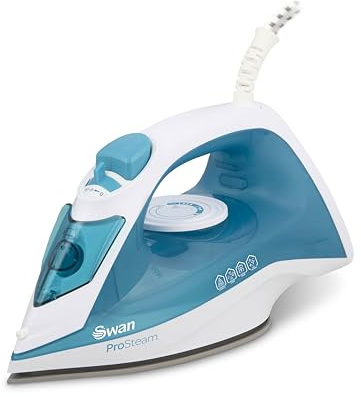 Swan SI12052AQ Steam Iron with Ceramic Soleplate, Pro Steam Technology, Anti-Calc, Anti-Drip, Adjustable Temperature Dial, 2200W, White and Aqua