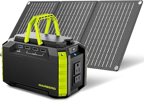 MARBERO - Generador solar de 150 W con panel solar incluido, alimentación para camping, 150 Wh con panel plegable de 30 W para exteriores, autocaravana, pesca, emergencia