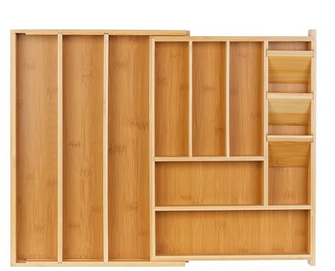 Relaxdays Besticklåda, utdragbar, 8–11 fack, H x B x D: 5,5 x 32–54 x 42 cm, bambu och MDF, lådinsats, natur