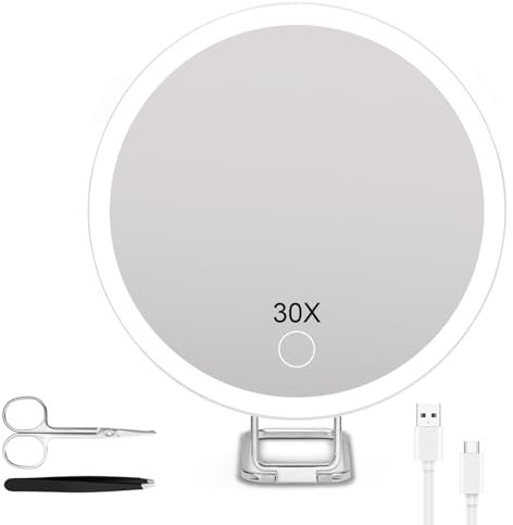 Cuteefun Espejo Aumento 30X con Ventosa, Espejo Maquillaje con Luz, De Sobremesa y Colgante, Luz LED de 3 Colores, Atenuación de Pantalla Táctil, Recargable por USB, Ideal para Tocador, Baño, Blanco