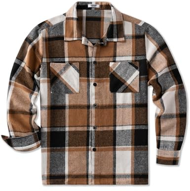 COOFANDY flanellskjorta män rutig långärmad skjorta ledig button down fritidsskjorta vinterskjortor med bröstficka, Khaki grå, S