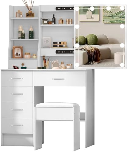 Buildonely Schminktisch mit Beleuchtung und Hocker, Frisiertisch mit Spiegel für Make-up, Kosmetiktisch mit 6 Schubladen und 4 Ablagen für Schlafzimmer, Weiß, SD0710