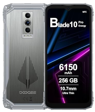 DOOGEE Blade10 Pro Energy Telephone Incassable Android 15, 6 Go+256 Go, 10.7mm Thin, 6150mAh, 6.56 IPS HD+ 90Hz, 50MP AI Camara, Octa-Core, Double SIM, NFC, Smartphone Incassable Debloqué, Argent
