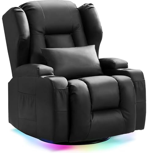 LIFTSHA Relaxsessel mit Liegefunktion, Drehbarer Schaukelstuhl Fernsehsessel mit Heizung & Vibrierende Massage, TV Sessel Heimkinositze mit LED-Umgebungslicht, Elektrisch Verstellbar (1, Schwarz)