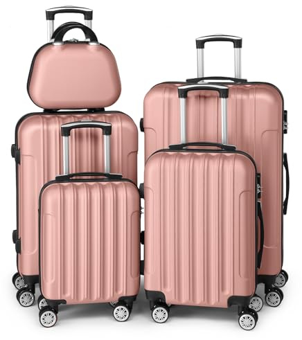 LEADZM Kofferset 5 teilig mit Kosmetikkoffer (Roségold) | Koffer Set Hartschalen-Trolley aus ABS, Reisekoffer Set mit Teleskopgriff, Handgepäck