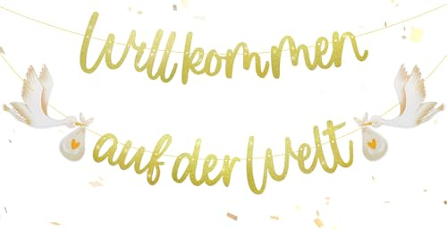 Herzlich Willkommen Girlande zur Geburt (2,2m) | Willkommen Zuhause Baby Girlande mit Storch für Jungen & Mädchen | Welcome Home Baby Deko für Babyparty, Willkommen auf der Welt