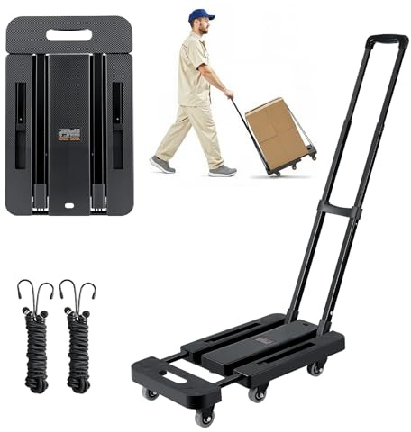 VEVOR Carretilla de Mano Plegable, Carrito de Equipaje Plegable con 6 Ruedas, 2 Cuerdas Elásticas y Base Expandible Carga de 226,8 kg para Equipaje de Viaje, Aeropuerto, Oficina, Mudanza, Negro