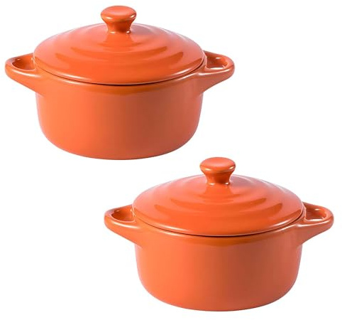 Mini Ceramic Casserole Pots Set of 2, Oven-Safe Soup Pots with Lids, Ideal for Soups, Stews, and Side Dishes (Orange)