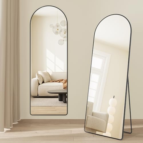 SONGMICS Espejo de Cuerpo Entero, 160 x 50 cm, Espejo de Pie Arqueado con Soporte, con Marco de Aleación de Aluminio, Cristal Templado, para Dormitorio, Salón, Vestuario, Negro Tinta LFM051BD01