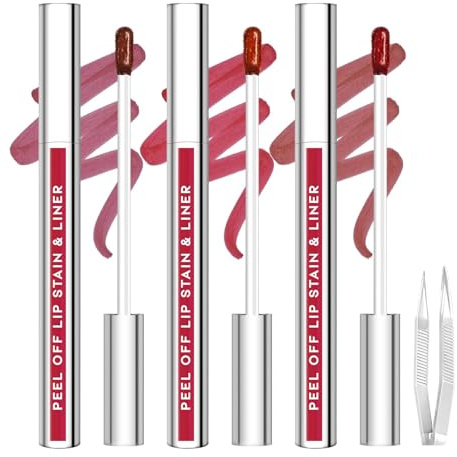 JUNECODE 3Pcs Lip Stain Peel Off Set with Tweezer, Peel Off lip Liner Stain Long Lasting Waterproof, Matte Lip Tattoo Tint Transfer Proof, Highly Pigmented Color Lip Makeup(#802+803+806)