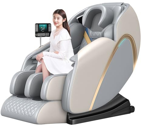 JQslycdmv Sillón De Masaje 4D, Reclinable De Gravedad Cero con Múltiples Modos Automáticos Airbags De Cuerpo Completo Rieles SL Dobles Rodillos para Pies Y Pantalla Táctil Apto(Gray)