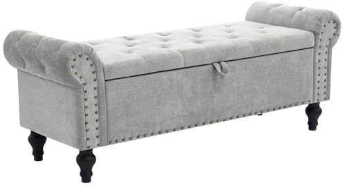 Dowiean 51 Storage Ottoman Bench, End of Bed Bench for Bedroom, Window Benches for Foot of Bed, Chenille Upholstered Benches, Storage Ottomans for Living Room, Entryway, Light Gray