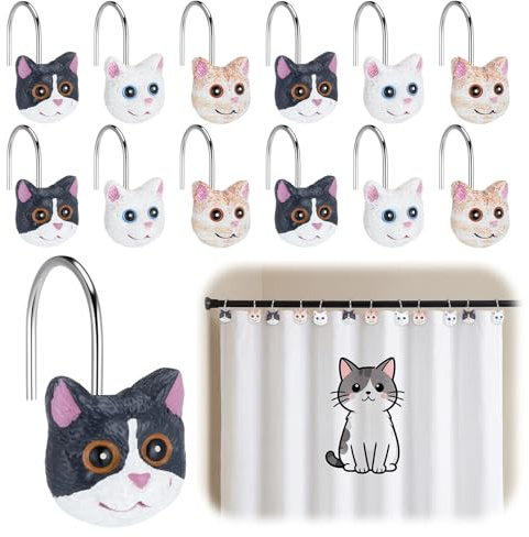 Novabright 12 Pcs Decorative Shower Curtain Hooks Cute Cat Shower Curtain Rings 2.4 Inch Handcraft Resin Cat Hooks for Bathroom 3.8 mm Metal Wire Smooth Sliding Hangers (Cute Style,Multicolor)