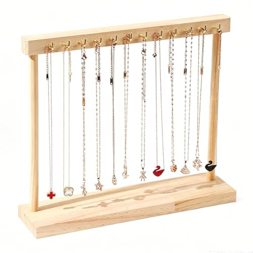 Omnikryp Porte Collier, Portable Présentoir à Bijoux, Simple Presentoir Bracelet, Présentoirs à Bijoux en Bois Avec 12 Crochet Support, pour Bracelets, Colliers, Boucles D'oreilles (Couleur Bois)