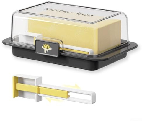 Winlaovate 1 mantequillera hermética con tapa para encimera y estante de puerta de refrigerador, para recipiente de mantequilla de plástico, apto para microondas y lavavajillas (negro)