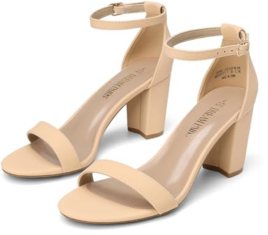 DREAM PAIRS Women's Chunk Low Heel Pump Sandals,Size 7,Nude/Nubuck,CHUNK