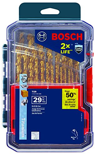 BOSCH TI29 29-Piece Assorted Set Titanium Nitride Coated Metal Drill Bits with Included Case with Three-Flat Shank for Applications in Heavy-Gauge Carbon Steels, Light Gauge Metal, Hardwood