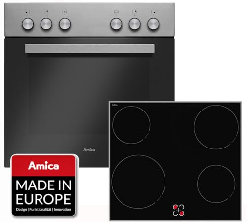 Amica Einbauherd-Set | Elektro-Herd-Kochfeld-Kombination | Backofen mit Grill und Umluft | Glaskeramik-Kochfeld mit 4 Zonen | 65 Liter | 60 cm | Edelstahl