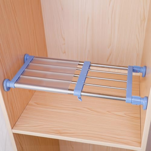 Hershii Closet Tension Shelf & Rod Expandable Metal Storage Rack Adjustable Organizer DIY Divider Separator for Cabinet Wardrobe Cupboard Kitchen Bathroom - Blue