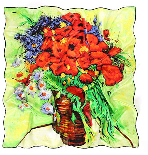 Prettystern Foulard en 90cm carré en Soie avec und tableau du peintre - Vase avec des marguerites et des coquelicots P730