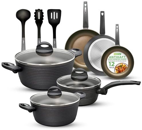 12-Piece Nonstick Kitchen Cookware Set - Professional Hard Anodized Home Kitchen Ware Pots and Pan Set, Includes Saucepan, Frying Pans, Cooking Pots, Dutch Oven Pot, Lids, Utensil - NutriChef NCCW12S