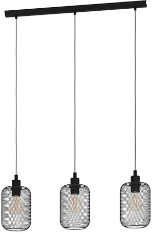EGLO Pendelleuchte Wrington, 3 flammige Hängelampe Vintage, Industrial | Retro, Hängeleuchte aus Stahl, Esstischlampe, Wohnzimmerlampe hängend in Schwarz, E27 Fassung, L 74 cm