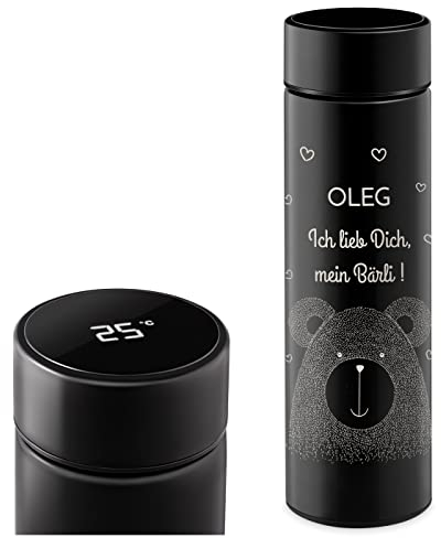 Maverton Thermobecher Kaffeebecher 450 ml - Isolierbecher personalisiert - 100% dicht - Led Temperatur Anzeige - aus Edelstahl - Geschenk für Männer - schwarz - Bärchen