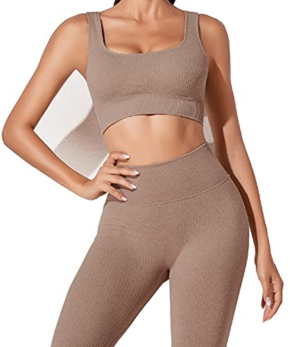 JN JANPRINT Tenue de sport 2 pièces pour femme, côtelée et sans couture, avec legging et haut court style brassière, pour yoga et sport, marron, S
