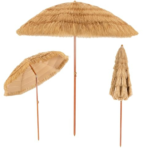 COSTWAY Sombrilla playa, Sombrilla Terraza Exterior con Apariencia de Paja y 8 Costillas, Sombrilla de Playa Inclinable y Plegable para Jardín, Parasol Exterior sin Base