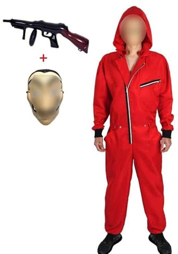 Yigoo Halloween Partner Kostüm Damen Herren Bankräuber Fasching Kostüm Karneval Overall mit Maske und Spielzeugpistole Cosplay für Erwachsene Rot M