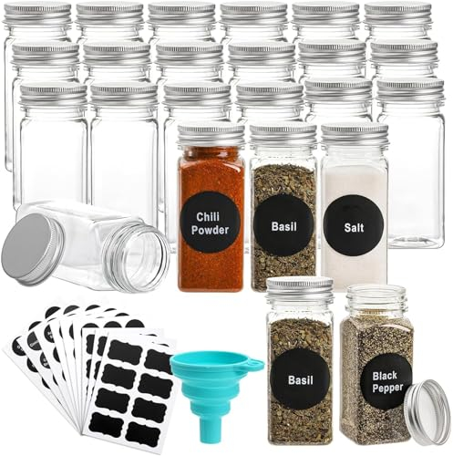 WUWEOT 24 Pack Plastic Spice Jars, 120ml Spice Bottle Square Seasoning Containers, Reusable Salt Pepper Shaker with Airtight Lid Labels, Funnel for Spice, Herbs, Powder and Glitters