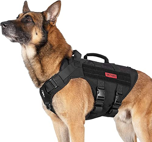OneTigris Hundegeschirr Grosse Hunde, AIRE MESH Taktisches Anti Zug Geschirr mit 2 Griff Verstellbar Brustgeschirr No Pull Dog Harness Atmungsaktiv Schwarz XL