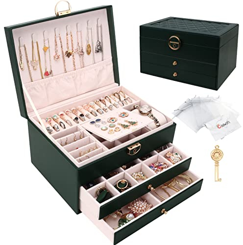 Schmuckkasten, Schmuckkästchen mit 3 Ebenen mit Schubladen, PU-Leder Schmuckbox Schmuckschatulle Groß Schmuck Organizer für Ringe Ohrringe Armbänder Halsketten, Dunkelgrün