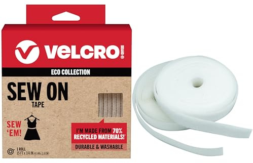 Velcro Brand ECO Collection - Cinta adhesiva para coser para ropa y telas, corta tiras a la longitud personalizada para coser, rollo de 15 pies x 3/4 pulgadas, color blanco