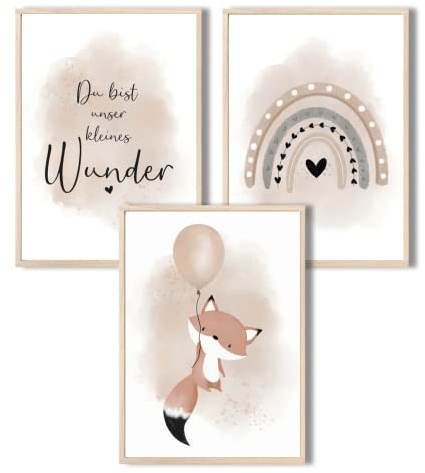 MeinBaby123® I Bilder Kinderzimmer | 3er Set DIN A4 | Wandbilder | Kinderzimmer Poster | Deko Bilder Kinderzimmer Mädchen und Jungen | Babyzimmer Deko (Luftballon & Fuchs beige)