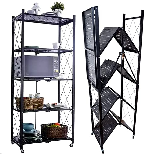 STREND PRO Faltbares Regal mit Rollen, 5 Etagen, zusammenklappbarer Aufbewahrungswagen, 250 kg Räder, Aufbewahrungsregal aus schwarzem Metall, Klappregal für Küche, Büro