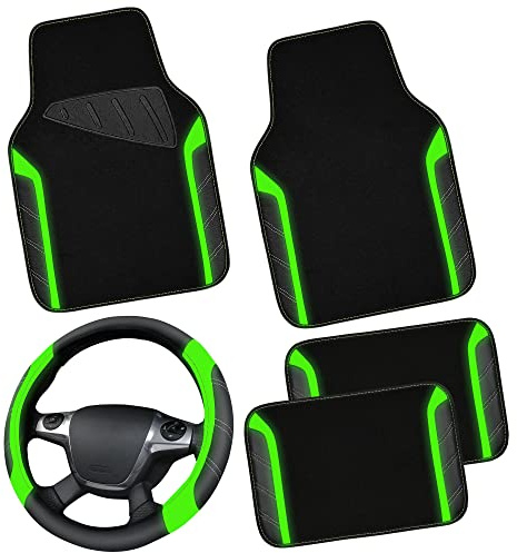 CAR PASS Leder Lenkradbezug und wasserdichte Auto Fußmatten, Mikrofaser Universal Auto Combo passend für 95% LKWs SUVs Autos, 36.8-38.1CM Sportlich Anti-Rutsch Design(Schwarz Fluoreszenz Grün)