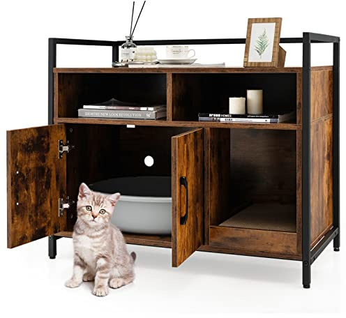 GYMAX Hidden Cat Litter Box Enclosure, Wooden Kitty Washroom Storage Cabinet Nightstand Side Table with Scratching Board and Shelves, Indoor Cat House Pet Crate for Kitten & Large Cat (Coffee) | Storage Cabinet Nightstand Side Table with Scratching Board and Shelves, Indoor Cat House Pet Crate for Kitten & Large Cat