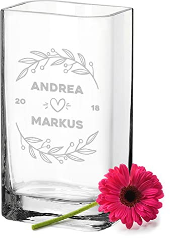 polar-effekt Leonardo Glas Blumen-Vase mit personalisierter Gravur Hochzeitsgeschenk - individuelle Blumenvase mit Namen - für Paare - Geschenkidee Standesamt und Hochzeit - handgefertigt