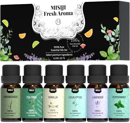MISIJI Essential Oils Set Top 6 Aromatherapy-Essential Oils for Diffuser for Home,Air Freshening Diffuser Oils Scents for Aromatherapy,Laundry,Candle&Soap Making,Humidifiers 6 X 10ML