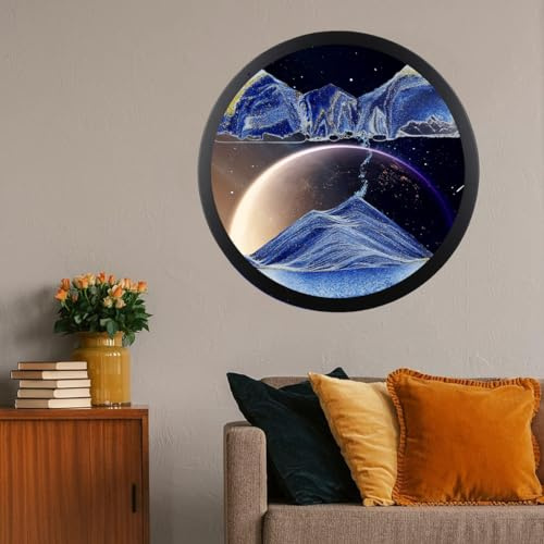 Sandbilder zum Drehen,Fließende Sandmalerei, Dynamisch 3D Bewegtes Sandbild Natürliche Landschaft, Bewegliche Sandkunst Bild Rund Glas Tiefsee Sandbild,Wand Deko Wohnzimmer Schlafzimmer(Size:17.3inch,