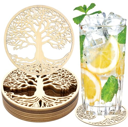 ZYNERY 8 Pièces Dessous de Verre Bois, Arbre de Vie en Bois, sous-Verres en Bois de Bouleau pour Méditation, Maison Décoration, Ornement de Salle à Manger (10 x 10cm)