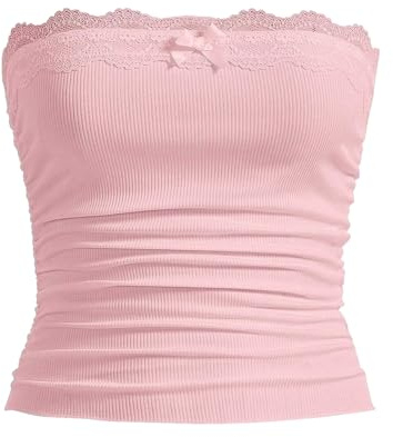 FeMereina Top a tubo da donna con finiture in pizzo senza spalline con fiocco anteriore corto a fascia camicie senza schienale a costine a maglia increspata canotte a fascia Y2K Streetwear, rosa, S