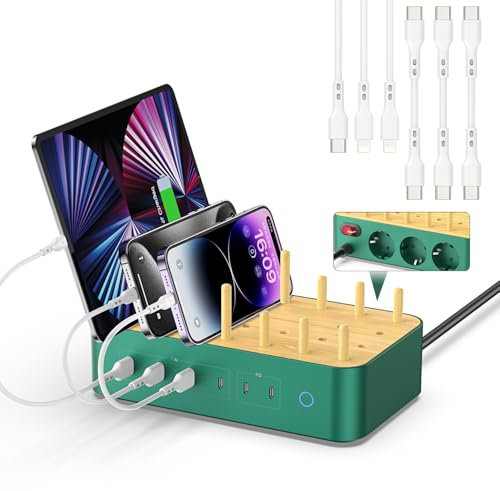 Estación de Carga USB-C de bambú para múltiples Dispositivos,60W, 6 Puertos con 3 Salidas de CA (3 USB C, 3 USBA),Cable de alimentación de 2 m para teléfono, lPad y Tableta(6 Cables incluidos),Verde