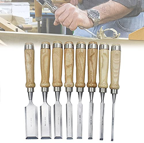 Set di scalpelli per legno da 8 pezzi per la lavorazione del legno Kit di scalpelli per manico in legno e cromo vanadio per falegnameria Artigiano Set di strumenti professionali per la lavorazione d