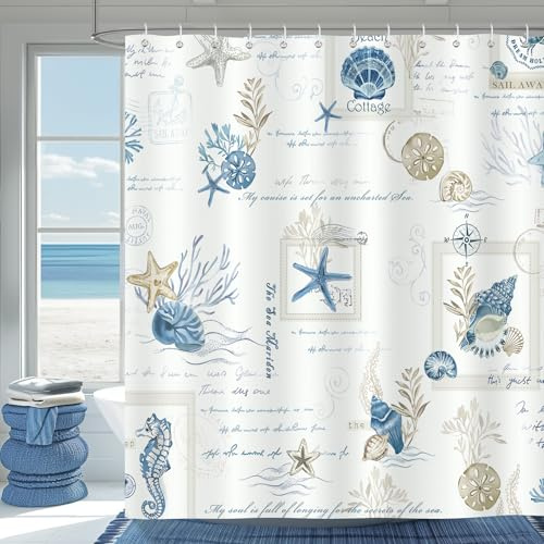 Bonhause Duschvorhang Maritim Nautische Küste Ozean Seestern Muschel Blau Duschvorhänge 180 x 180 cm Anti-Schimmel Wasserdicht Polyester Stoff Waschbar Bad Vorhäng für Badzimmer mit 12 Haken