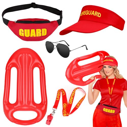 SelfTek Baywatch Kostüm Set - 8 Stück Lifeguard Kostüm für Damen Herren | Rettungsschwimmer Kostüm mit Baywatch Rettungsboje, Hut, Gürteltasche, Sonnenbrille, Pfeife für Karneval Strand Party