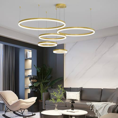 Mikeru LED Pendelleuchte Ringe 30+40+60+80+100cm, 5 Ringe LED Dimmbare Hängeleuchte Modern 3000K/4500K/6500K Goldener höhenverstellbarer Hängelampe Esstisch 10% Bis 100% für Wohnzimmer, Lofts